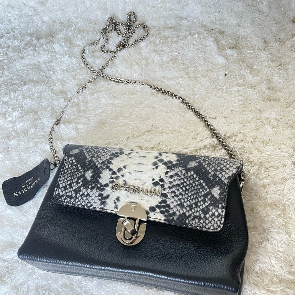 PERSAMAN Black Leather Crossbody Bag with Snake-Print Flap